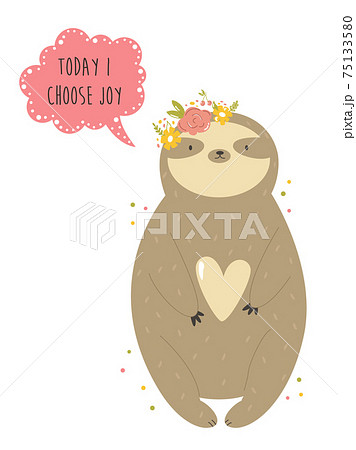 Funny sloth girl in a flower wreath. Vector illustration of a cute animal Funny sloth girl in a flower wreath. Vector illustration of a cute animal 75133580