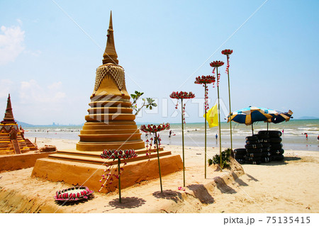 sand pagoda and seven lotus was carefully built, and beautifully decorated Songkran festival sand pagoda and seven lotus was carefully built, and beautifully decorated Songkran festival 75135415