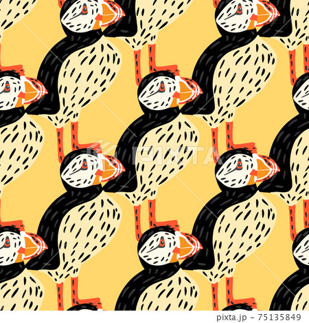 Arctic zoo seamless pattern in doodle style with simple puffin bird silhouettes. Yellow background. 75135849