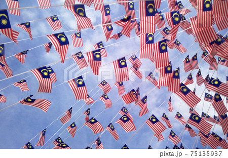 SELANGOR, MALAYSIA -AUGUST 31, 2017: Small size Malaysia flags in windy air.  75135937