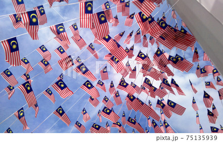 SELANGOR, MALAYSIA -AUGUST 31, 2017: Small size Malaysia flags in windy air.  75135939