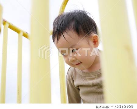 すべり台の格子の間から撮影した幼児 75135959