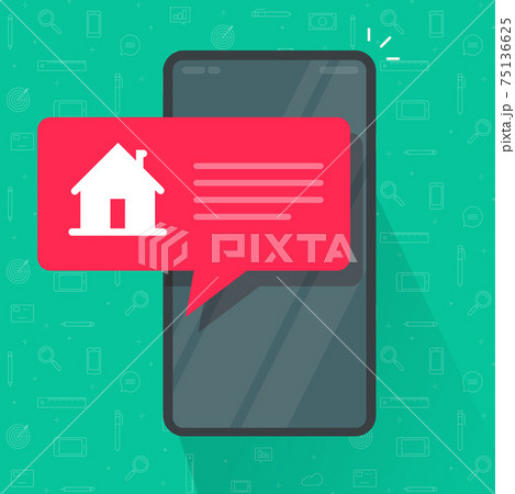 Cell phone automated smart home notice information message from mobile phone app vector flat cartoon icon, idea of security notification alarm on smartphone, internet house wireless technology modern Cell phone automated smart home notice information message from mobile phone app vector flat cartoon icon, idea of security notification alarm on smartphone, internet house wireless technology modern 75136625