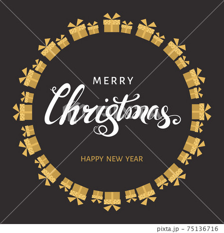 Christmas hand lettering with gold  gift boxes on black  background. 75136716