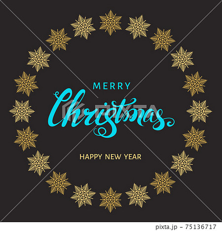 Christmas blue lettering with gold snowflakes on black background. Christmas blue lettering with gold snowflakes on black background. 75136717
