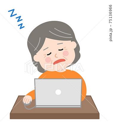 パソコンを使うシニア 女性 居眠り イラストのイラスト素材