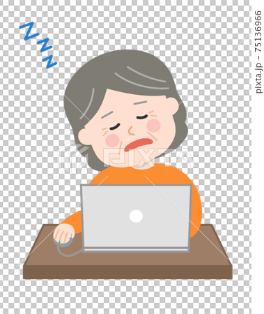 パソコンを使うシニア 女性 居眠り イラストのイラスト素材