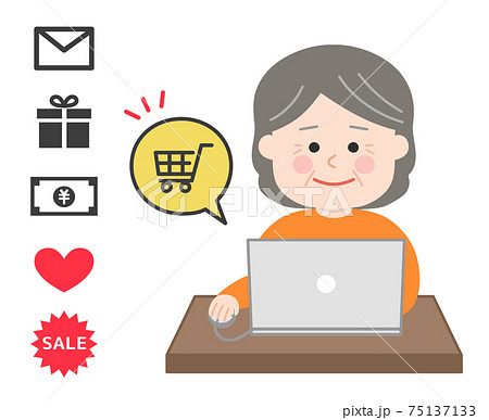 パソコンを使ってショッピングするシニア 女性 アイコン イラストのイラスト素材