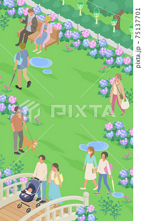 梅雨の紫陽花と人々の生活風景 街並み 町並み のベクターイラスト バナー アイソメトリック アイソメのイラスト素材