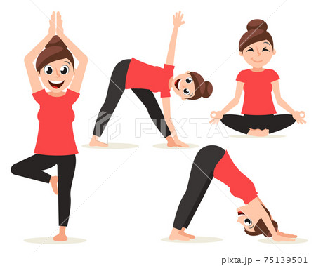 Set Of Girl In Different Yoga Poses Characterのイラスト素材