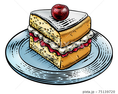Cake Sponge Slice Jam Cream Woodcut Drawing 75139720