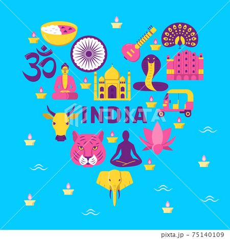 Bright banner with India national symbols in flat style 75140109