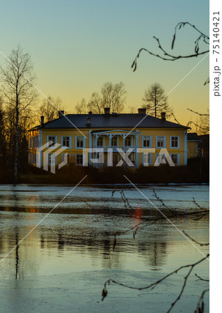 Kouvola, Finland - February 27, 2020: Beautiful wooden Rabbelugn Manor - Takamaan Kartano at sunset 75140421