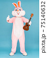 Happy funny musician kid boy or girl guitarist is playing music by ukulele or Hawaiian guitar. Easter bunny or rabbit or hare celebrates Happy easter, plays music by instrument 75140632