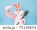 Happy funny kid boy or girl singer or vocalist sings song to retro vintage classic microphone. Easter bunny or rabbit or hare celebrates Happy easter isolated on blue 75140634