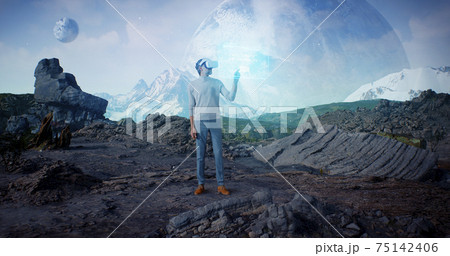 Mature man exploring virtual reality 75142406