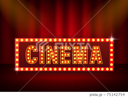 Retro realistic ad banner with cinema light on yellow background. Number font. 3d vector. Realistic vector. Light banner. Retro realistic ad banner with cinema light on yellow background. Number font. 3d vector. Realistic vector. Light banner. 75142754