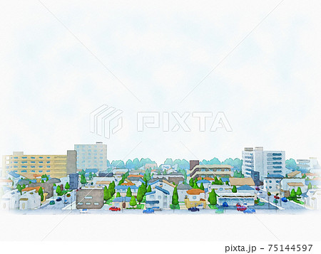 住宅街　余白あり　水彩画風　手描き風イラスト 75144597