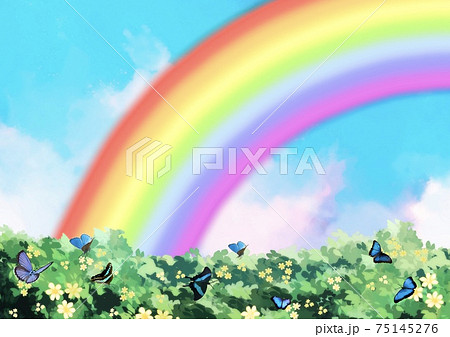 幻想的な虹のかかった青空の風景のイラスト素材