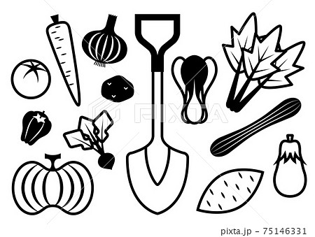 野菜とスコップ モノクロ イラストのイラスト素材