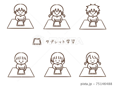 縦置きタブレットと子供　線画　あしらい 75146488