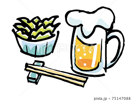 生ビールと枝豆 筆絵 ベクター のイラスト素材