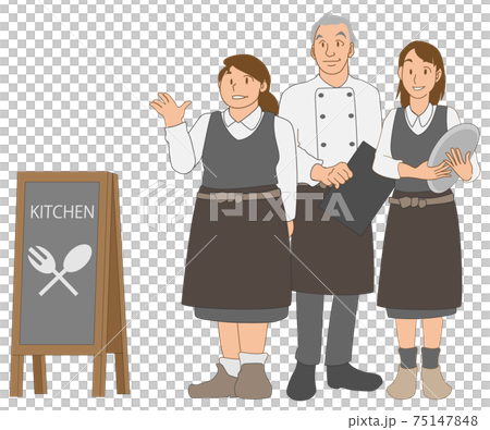 家族でレストランを営む親子と看板のイラスト素材