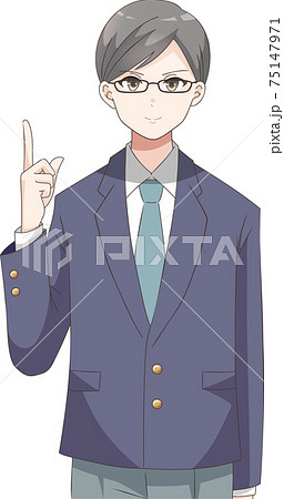 指差しポーズ　笑顔の男子学生(眼鏡) 75147971