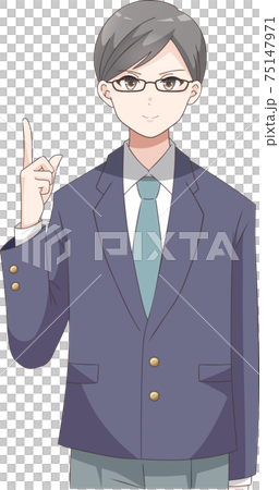 指差しポーズ　笑顔の男子学生(眼鏡) 75147971