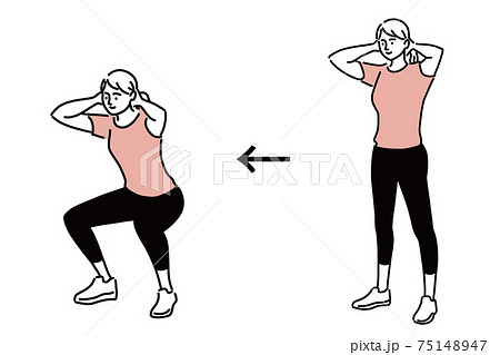 スクワット 運動 女性 エクササイズ イラスト 手描き スクワット 運動 女性 エクササイズ イラスト 手描き 75148947