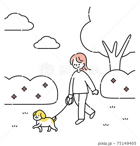 犬と公園を散歩する女性のイラスト素材
