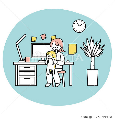 仕事部屋で犬を抱き上げる女性のイラスト素材