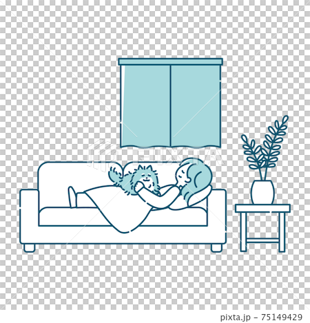 A woman sleeping with a dog on the sofa in the living room A woman sleeping with a dog on the sofa in the living room 75149429