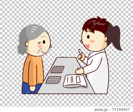 女性薬剤師から薬の説明を受けるおばあさん 75149487