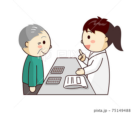 女性薬剤師から薬の説明を受ける男性 75149488