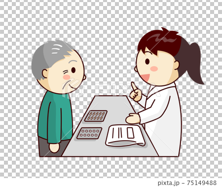 女性薬剤師から薬の説明を受ける男性 75149488