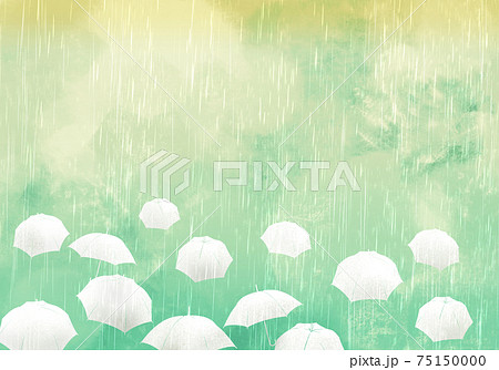 雨と傘 緑色系浮世絵風グラデーション背景イラストのイラスト素材