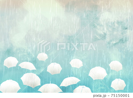 雨と傘 青色系浮世絵風グラデーション背景イラストのイラスト素材