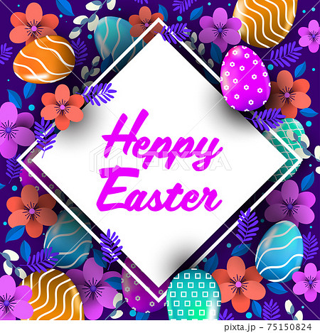 happy easter holiday celebration banner flyer or greeting card with decorative eggs and flowers 75150824