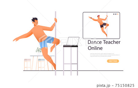 pole dance man doing dancing exercises on pilon with dance teacher in web browser window online workout 75150825