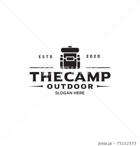 Camping logo emblem with backpack Hipster illustration. Outdoor adventure expedition, backpack and mountains silhouettes shirt, print stamp. Vintage typography badge design Camping logo emblem with backpack Hipster illustration. Outdoor adventure expedition, backpack and mountains silhouettes shirt, print stamp. Vintage typography badge design 75152573