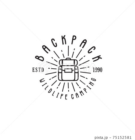 Camping logo emblem with backpack Hipster illustration. Outdoor adventure expedition, backpack and mountains silhouettes shirt, print stamp. Vintage typography badge design Camping logo emblem with backpack Hipster illustration. Outdoor adventure expedition, backpack and mountains silhouettes shirt, print stamp. Vintage typography badge design 75152581