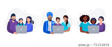 Set of Different Families Learning Online. Parents Help Their Child Do Homework. Vector Flat Illustration. Set of Different Families Learning Online. Parents Help Their Child Do Homework. Vector Flat Illustration. 75152659