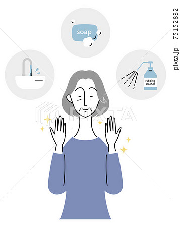 手洗いや消毒によって、手を清潔に保つシニア女性 手洗いや消毒によって、手を清潔に保つシニア女性 75152832