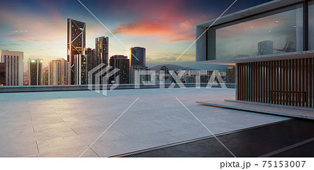 Empty cement floor with modern building exterior. 3d Empty cement floor with modern building exterior. 3d 75153007