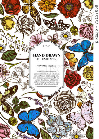 Card design with colored shepherd's purse, heather, iris japonica, sakura, gypsophila, chamomile Card design with colored shepherd's purse, heather, iris japonica, sakura, gypsophila, chamomile 75153069