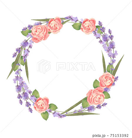 水彩の薔薇とラベンダーのリース 75153392