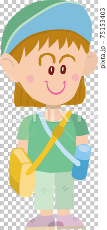 A girl wearing a hat with a water bottle and a bag to go on an excursion A girl wearing a hat with a water bottle and a bag to go on an excursion 75153403