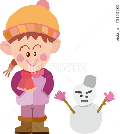 雪だるをつくるニット帽をかぶった女の子のイラスト素材