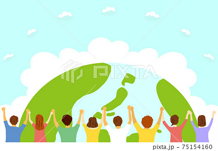 手を繋ぐ人達 地球背景のイラスト素材
